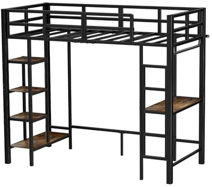 EGGREE Letto a Castello con Scrivania e Spazio, con 4 Ripiani Laterali, Gancio per Cuffie, Scrivania con Prese, Letto Salvaspazio per Adolescenti e Adulti, 90x200cm, Nero