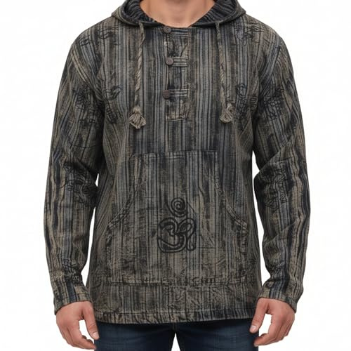 SHOPOHOLIC FASHION Mens Shirts Long Sleeve Hooded Bohemian Striped Festival Outfit, (L,Black)