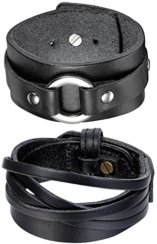 Oidea, set di 2 bracciali da uomo in pelle, in stile punk-rock, realizzati a mano, con nastri in pelle intrecciati, borchie e rivetti in lega di metallo, di colore argento e nero
