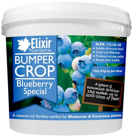 Elixir Gardens Bumper Crop Blueberry Special Fertiliser | Soluble Feed for Blueberries, Raspberry & Strawberry Plants | 1kg - 20kg Supplied in Bag or Tub | NPK 12-10-10+ 4 | 5kg Resealable Tub