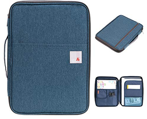 BSTKEY Multi-Functional A4 Document Bags Portfolio Organizer-Waterproof Travel Pouch Zippered Case for Ipads, Notebooks, Pens, Documents (Dark Blue)