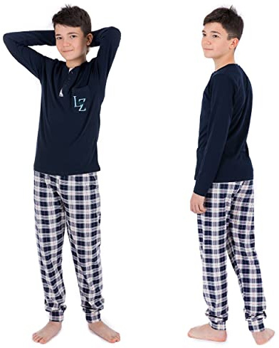 LOREZA ® Ragazzi Set Pigiama Due Pezzi in Cotone (152-158 (12-13 Anni), Blu)