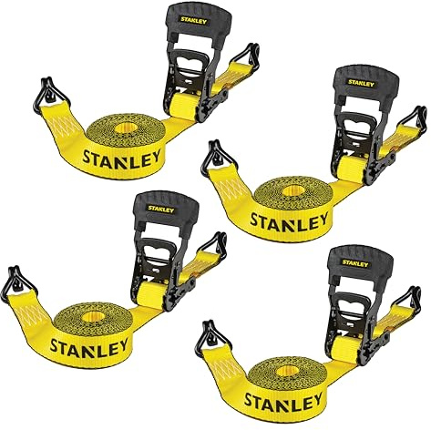 STANLEY S10074 1.5 x 16' Ratchet Tie Down Straps - Heavy Cargo Hauling (3,300 lbs Break Strength) 4 Pack