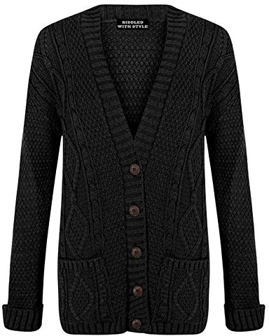 Purple Hanger Women's Long Sleeve Cable Knit Chunky Cardigan (Black, 16-18)