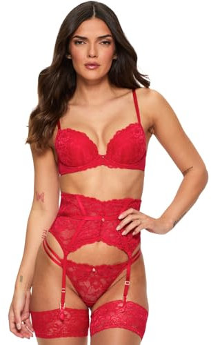 Ann Summers Sexy Lace Padded Plunge Bra, Fuller Bust DD+, A-G Cup, Curve-Enhancing Womens Underwear with Padded Cups & Underwire, Removable Mini Pads for Smaller Sizes, Adjustable Straps Red