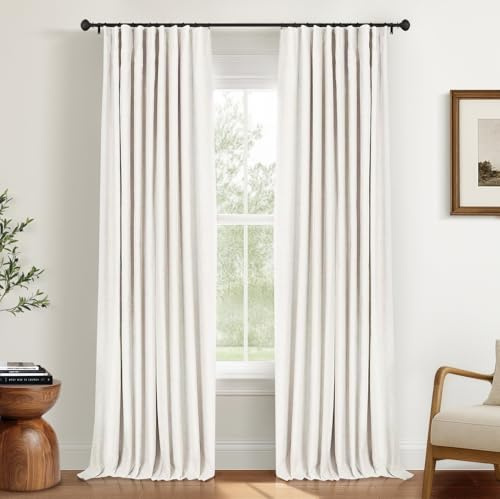 INOVADAY 100% Blackout Curtains for Bedroom, Black Out Curtains 96 Inch Long, Clip Rings Linen Blackout Drapes, Thermal Insulated Room Darkening for Living Room, 2 Panels - Beige,W50xL96