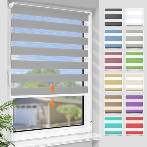 SBARTAR Doppelrollo schnurlos Klemmfix Rollos für Fenster ohne Bohren & zum Bohren, Hellgrau B80 x H150 cm, Drücken Und Ziehen Springrollos, Lichtdurchlässig Aber Blickdicht Mittelzugrollo