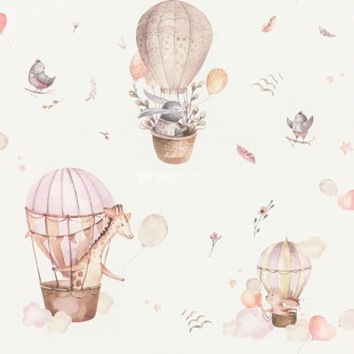 Kids Hot Air Balloon Animal Print Wallpaper - Pink Rabbits Birds Giraffe Flowers Leaves - Textured Paste The Wall