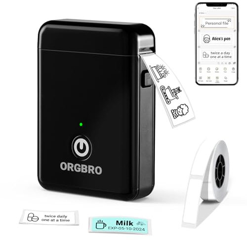 ORGBRO X1 Etiquetadoras, Impresora Térmica de Etiquetas Autoadhesivas Portátil Bluetooth Mini Label Maker Compatible con iOS/Android para Hogar y Oficina - Incluye 1 Rollo de Etiquetas (Negro)