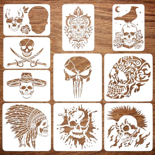 FINGERINSPIRE 10 Stück Schädel Sprühschablonen 21x29.7 cm 30x30 cm Skelett Krähen Vampir Gemälde Große Schablone Wiederverwendbar Horror Thema Vorlagen Für Veranda Schild Türhänger Urlaubsdekoration