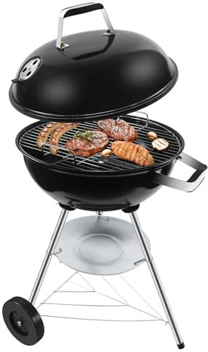 kisidus Kugelgrill Holzkohlegrill mit porzellanemaillierten Deckel & Kessel, Kohlegrill rund mit Dreibein-Länder und Räder, Schwarz, 51x46.5x78 cm