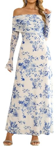 KUTUMAI Women Off Shoulder Bodycon Maxi Dress Long Sleeve Mesh Ruched Party Formal Wedding Guest Dresses Blue Floral XL