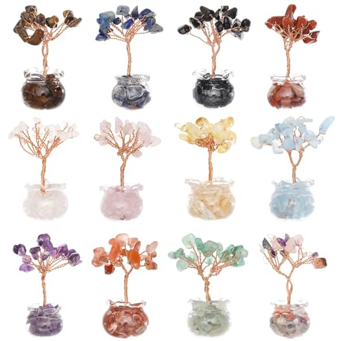GLOBLELAND 12 set di Cristalli A Forma di Albero Della Vita con Pietre Preziose Cristalli e Pietre per La Decorazione di Mensole Da Ufficio per Augurare Buona Fortuna Regali di Compleanno per Mamma