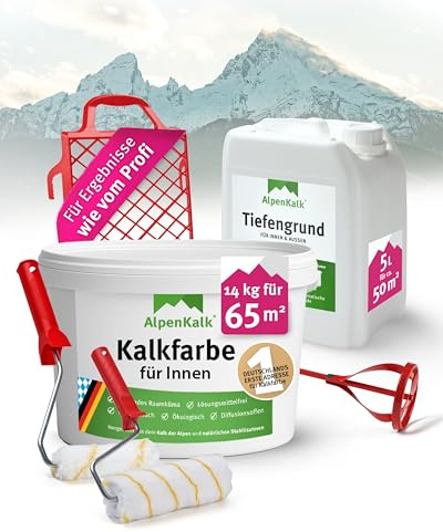 AlpenKalk Starter-Set I Kalkfarbe Innen 14 kg + Tiefengrund 5 l für ca. 65 m² I Inkl. 18 cm & 10 cm Spezialrollen, 21x25 cm Abstreifgitter & Quirl I Hochdeckend, atmungsaktiv & wischfest