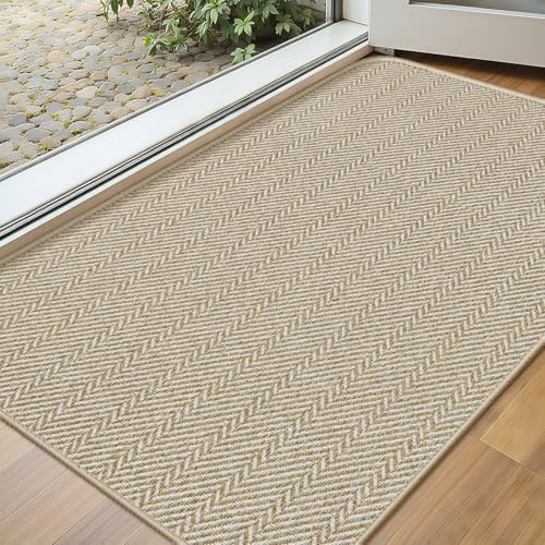 BEISIFLOOR Ultra Thin Door Mat Indoor Entrance 17x29, Low-Profile Indoor Door Mat, Non Slip Entry Mat Rubber Backing Unique Herringbone Design Inside Doormat Dirt Trapper Entryway Mats, Beige