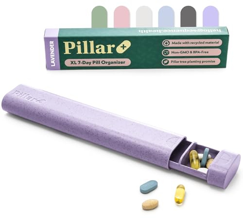 Pillar Plus - Aesthetic 7 XL Day Pill Organizer | BPA-Free Wheat Straw Medicine Case | Pretty Travel & Home Tablet Vitamin Organizer | Cute Weekly Pill Box | Travel Medicine Organizer (Lavender)