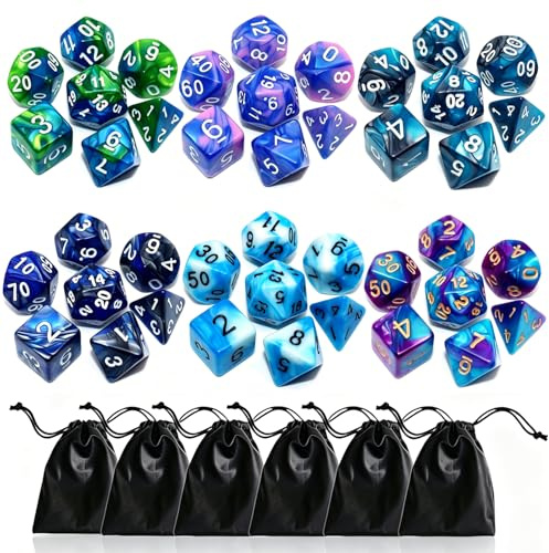 CREEBUY Polyedrisches DND-Würfel-Set, 6 Stück, doppelfarbige Würfelsets, kompatibel mit Dungeons and Dragons, D&D-Rollenspiel, RPG, MTG-Spiele, Würfel mit D4, D6, D8, D10, D%, D12, D20, 6 Farben