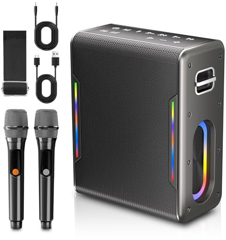 Karaoke Machine with Two Wireless Microphones, Powerful Portable Bluetooth Speaker for Adults & Kids, PA System with 2 Voice Mode, LED Lights, Supports BT/TWS/AUX/USB/TF for Party