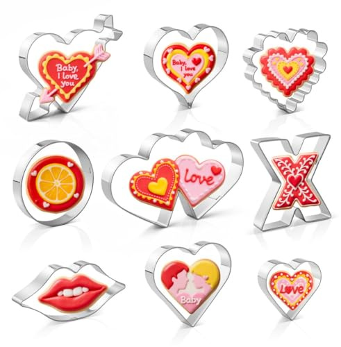 Cexokanase 9 Set De Moldes para Cortar Galletas En Forma De Corazón Piezas Moldes De Acero Inoxidable para Galletas Moldes De Corazón para Repostería Casera Postres del D