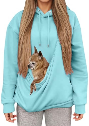 Sweat à Capuche Femme avec Grande Poche Kangourou Fonctionnelle,Pull de Transport pour Chat et Chien,Sweatshirts pour Amoureux des Animaux domestiques (Sky Blue, XXL)