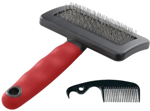 Ferplast Cepillo Carda para Perros - Pelo Medio y Largo - Cerdas Inclinadas y Puntas Redondeadas, Acero Inoxidable - Mango Ergonómico Suave - Peine Extra Incluido - Tamaño L, Rojo