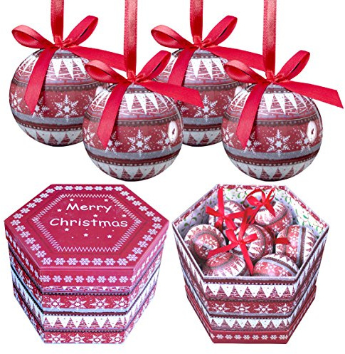 The Christmas Workshop Set of 14 Christmas Baubles/Various Festive Designs/Gift Boxed Christmas Tree Decorations / 7.5cm Diameter Baubles (Red & White Nordic)