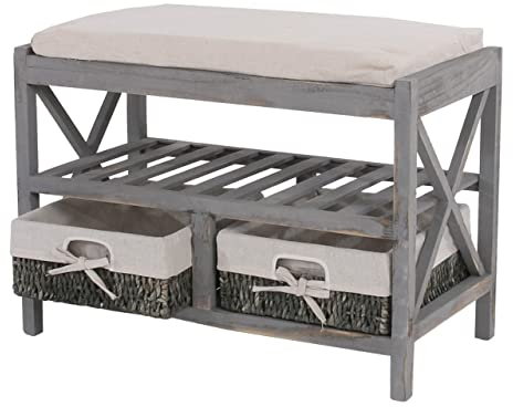 Mendler Schuhregal HWC-C48, Sitzbank Schuhablage, Shabby-Look Vintage 45x65x34cm - grau