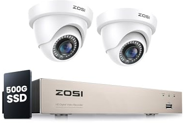 ZOSI 1080P Wired CCTV Camera Systems, 5MP Lite 8CH DVR System and 500GB SSD, 2X 2MP Dome Home Security Cameras Outdoor Indoor, AI Human Vehicle Detection, 80ft IR Night Vision, Remote Access