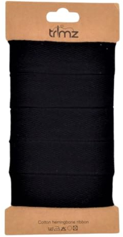 Trimz Single Herringbone Cotton Ribbon, Black, 25mm x 5m