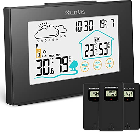 Estacion Meteorologica Exterior con 3 Sensores Exteriores,Quntis Estación Meteorológica Inalámbrica Pantalla Táctil,Termómetro Higrómetro Digital con Pronóstico de Tiempo,3 Canales,Hora,Despertador