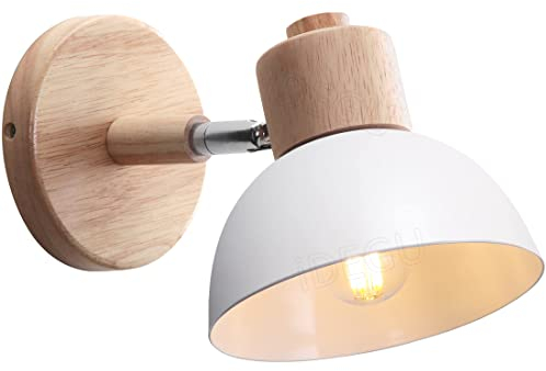 iDEGU Wandleuchte Moderne Innen Wandlampe aus Holz Metall Halbkreis Lampenschirm E27 Verstellbare Wandspot Vintage Lampe für Schlafzimmer Wohnzimmer (1 Stück, Weiß)