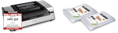 CASO FastVac 500 Gewerbevakuumierer - Edelstahl Vakuumierer für den professionellen Gebrauch - doppelte Kolbenpumpe 20 Liter/Min.,220-240V,50Hz,130W & Strukturbeutel 20x30 cm / 100 Beutel
