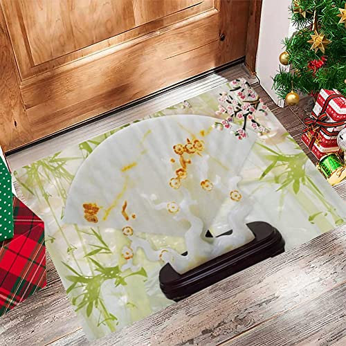 Badezimmerteppich 60x100 cm,Badematte rutschfest,Weicher Badvorleger,Luxus-Dekoration Pflaume Bambus chinesische grüne Blätter weiße,Mikrofaser Absorbent Badteppich für Badewanne,Dusche und Badezimmer