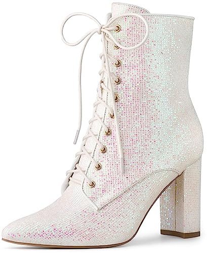 Allegra K Femmes Bottines Talons Blocs Bout Pointu Scintillant Blanche 37.5