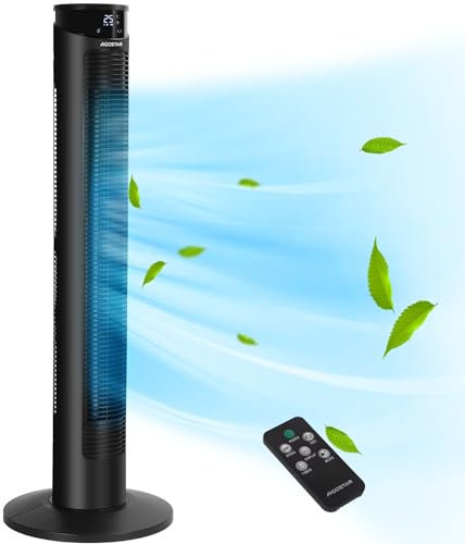 Aigostar Harbor - Ventilateur Tour avec Télécommande, écran LED, 45W, 4 modes, 3 vitesses, Minuterie 12 h, Oscillation 65°, Silencieux. Ventilateur sur pied 93 cm, Noir