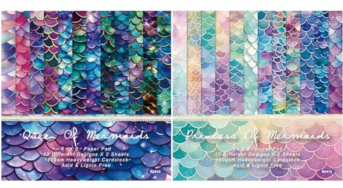 ZAKHSE Motivpapier zum Basteln, 48 Blätter Designpapier Meerjungfrau 15,2x15,2cm Einseitig Bedruckt Thema Ozean Scrapbook Papier Bastelpapier Bunt Dekopapier für Sammelalbum Kartengestaltung