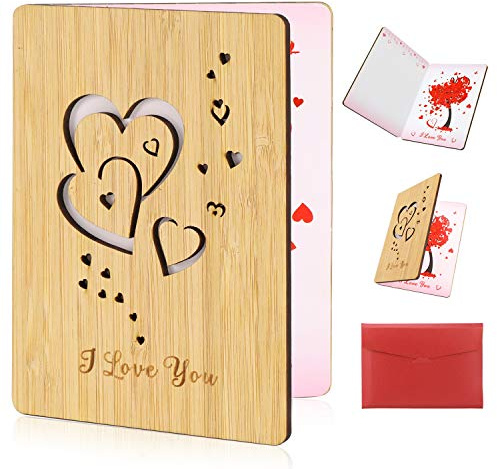 HOWAF Tarjeta San Valentin, Tarjeta Amor, Postal Amor Tarjeta Felicitacion San Valentin Madera con Sobres, Tarjetas San Valentin para Mujer, Hombre, Para Aniversario Cumpleaños, Bodas