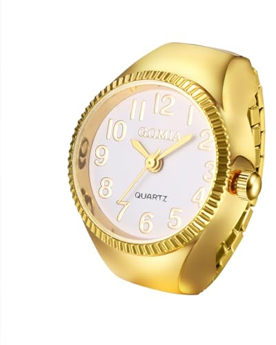 JewelryWe Unisex Gold Ring Watch: Creative Personalized Round Analog Quartz Watch Ring with Elastic Band