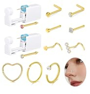 WillTen 12Pcs Nasenpiercing Selber Stechen Set mit 20G L Form Stecker, 2Pack Nasenpiercing Pistole mit Gold Ring Stechen Set