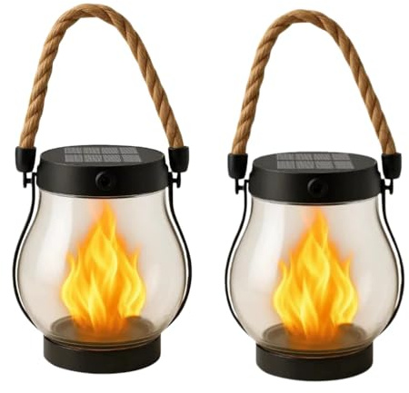 Kaliqo – Lanterne Solaire Extérieure à Effet Flamme 1500 mAh, flammes dansantes, étanche, double mode de charge,pour terrasse, balcon et décoration de cour