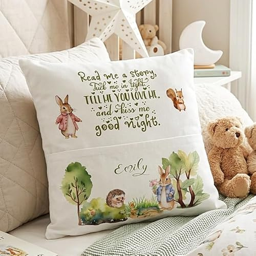 Personalised Bunny Reading Pillow, Custom Name Woodland Animals Pocket Cushion for Books, Girl's Nursery Decor, Easter Rabbit Storytime Gift, 40x40cm