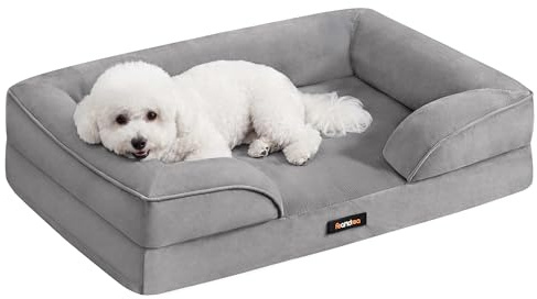 Feandrea Panier pour Chien Orthopédique, Lit pour Chien M, Bord Surélevé, Mousse Alvéolée, Housse Amovible, Lavable, Antidérapant, Doublure Hydrofuge, Gris Tourterelle, 76 x 51 x 16 cm PGW321GD01