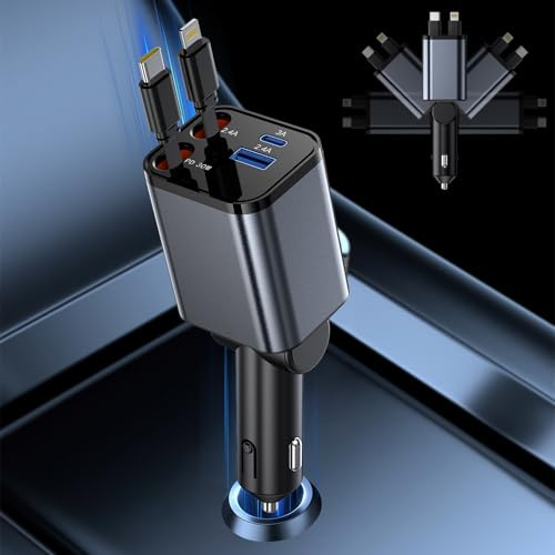 Billaddare cigarettändare USB C 4 i 1-69W billaddare med 2 utdragbara kablar (typ C och Lightning), USB-cigarettändaradapter snabbladdning PD
