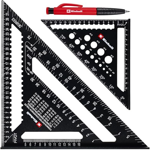 Einhell 2 pièces jeu d’équerres de charpentier, 185/300 mm | Graduations en mm et en degrés | ouvertures de traçage | gabarit de perçage | tableau de conversion pour chevrons | marqueur