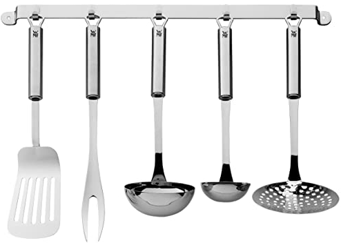 WMF Profi Plus Küchenhelfer Set 6-teilig, Hängeleiste mit 5 Helfer, Schöpflöffel, Schaumlöffel, Saucenlöffel, Wender, Fleischgabel, Kelle, Cromargan Edelstahl teilmattiert, spülmaschinengeeignet