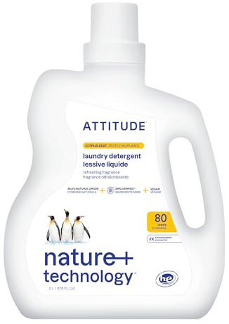 ATTITUDE Liquid Laundry Detergent, EWG Verified, HE Compatible, Plant-Based & Vegan, Natural Laundry Soap, Citrus Zest Scent, 80 Loads, 2 Liters