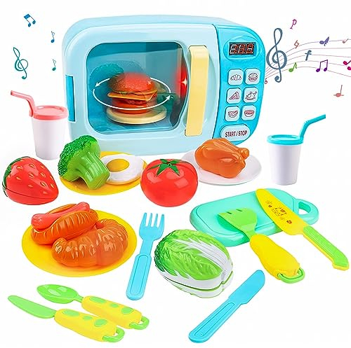 deAO Microondas de Juguete con Luz y Sonido, Kit de Cocina para Niños y Niñas, Incluye Piezas de Corte de Comida, Juego Educativo y de Roles para Edades 3-6 Años