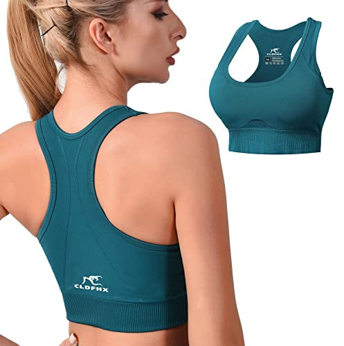 CLDFHX Women Sports Bra High/Mid Impact Support Comfy Seamless Racerback Sports Bras Padded for Fitness Yoga Workout, Green, 3XL