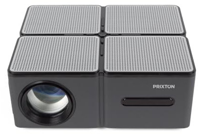 PRIXTON Proyector portátil con WiFi Kubrick, 9.000 lúmenes, 450 ANSI lúmenes, LED Full HD, Contraste 2000:1, Función Digital Keystone, Tamaño 30” a 210”, Distancia 1 a 7 Metros, HDMI/USB/AV IN/Jack