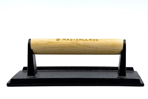 MasterClass Cast Iron Grill Press, Heavy-Duty Steak Weight with Wooden Handle, Burger Press, Accessory for Grill Pan and BBQ, 21cm, Black